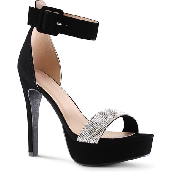 Black Ankle Strap High Heel Sandals With Rhinestone Toe Band Size 7.5. - Picture 2 of 8